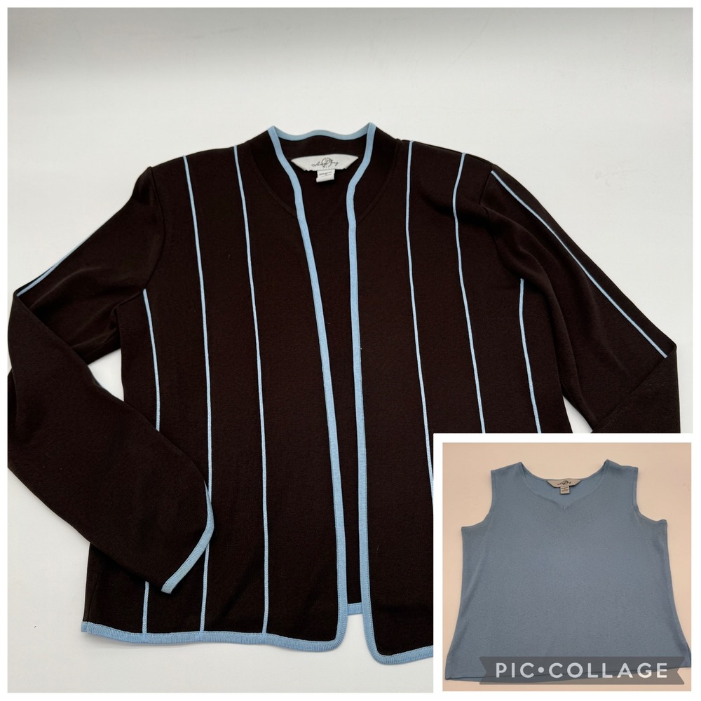Ming Wang Knit Sweater Set Cardigan Tank Brown Blue Stripe Small old money‎